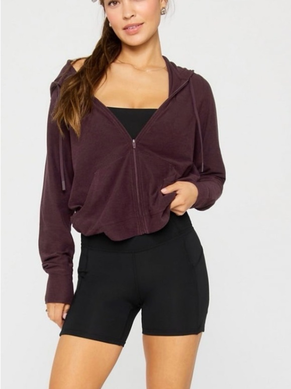 Fabletics Women’s Cropped Zip Hoodie in Plum. Size M